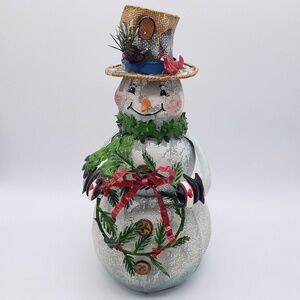 Metal Christmas Smiling Snowman Holding Wreath Bird on Hat Votive Candle Decor